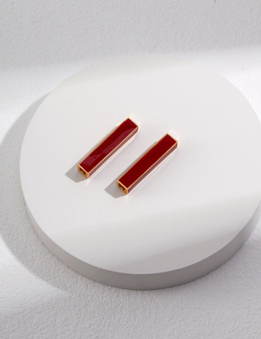 Red Drip Glaze Pillar Stud Earrings-0